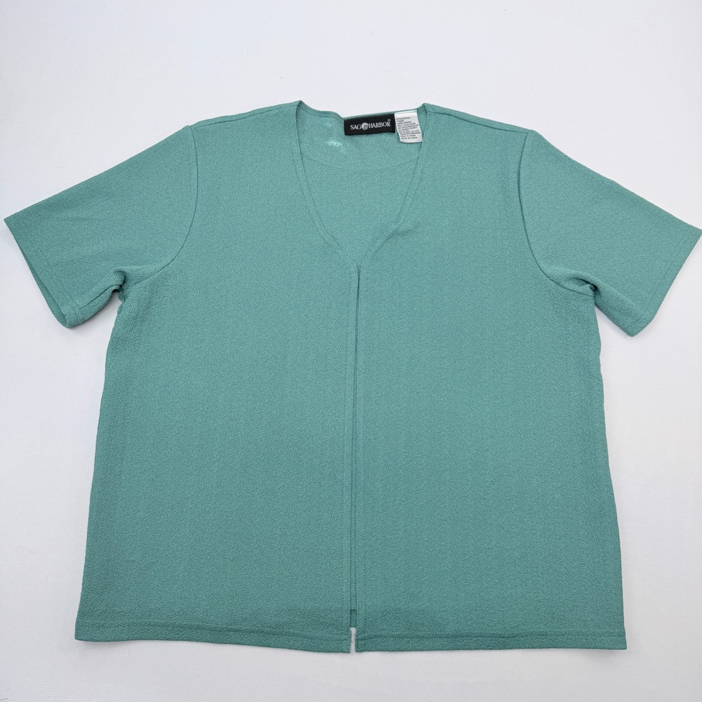 Sag Harbor Womens Large Teal Green Short Sleeve Open Front Cardigan